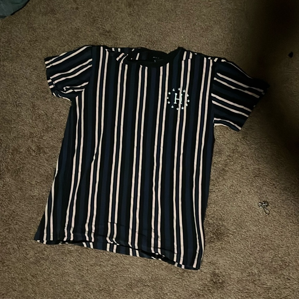 Blue, pink and black, striped huff shirt size men’s small